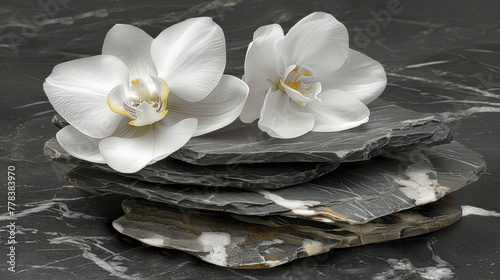 A pair of white flowers are on top of a stack of rocks. The flowers are arranged in a way that they are almost touching each other  creating a sense of unity and harmony