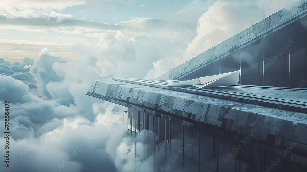 A lone paper airplane resting on the ledge of a high building, poised as if just landed from an epic journey through the clouds 32k, full ultra hd, high resolution - obrazy, fototapety, plakaty 