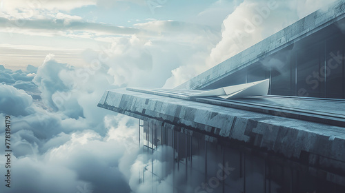 A lone paper airplane resting on the ledge of a high building, poised as if just landed from an epic journey through the clouds 32k, full ultra hd, high resolution