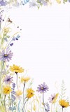 Watercolor floral frame with yellow and purple flowers, green leaves, and butterflies on a white background.