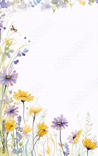 Watercolor floral frame with yellow and purple flowers, green leaves, and butterflies on a white background. © kalamjamila