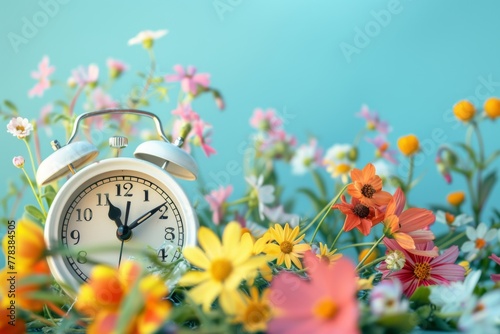 Vintage alarm clock surrounded by vibrant spring flowers on pastel background