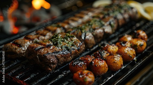 barbeque traditional Grilled meat on the grill, parrilla, asado Argentinian food grilled with lots of beef photo