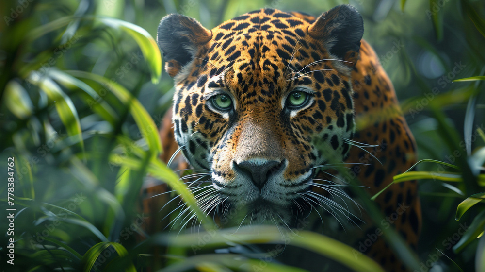 Jaguar with green eyes stalking prey, amazon rainforest background ...