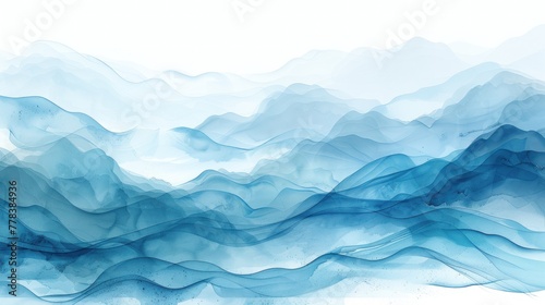 Painting of dynamic blue waves against a white backdrop