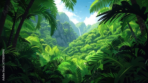 A painting depicting a dense jungle with towering mountains and lush trees
