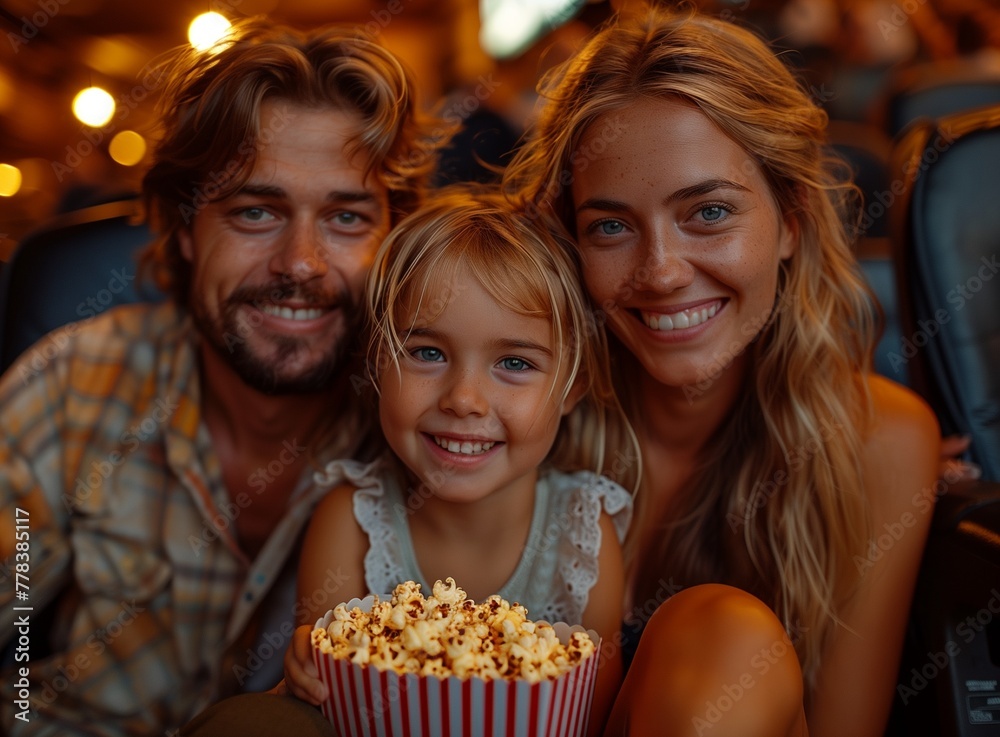 trio, parents and child, enjoying a movie in a theater, munching popcorn, bonded closely