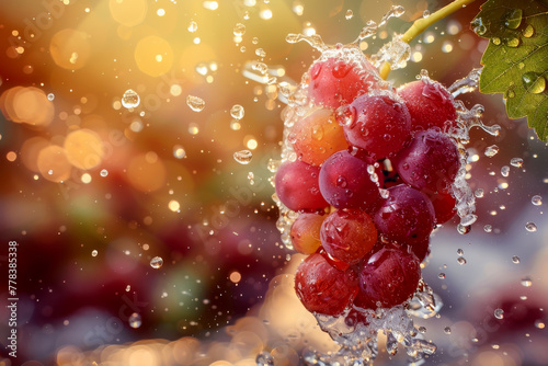 Water splashing on fresh grapes with air bubbles close up macro.