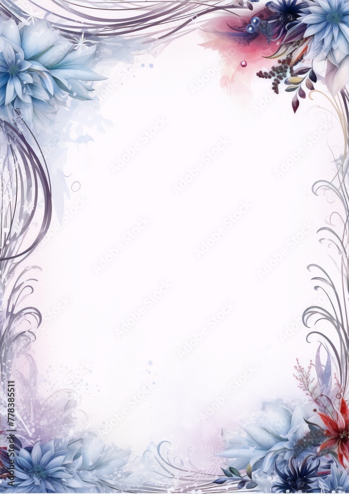 Blue and red flowers with white background in watercolor style