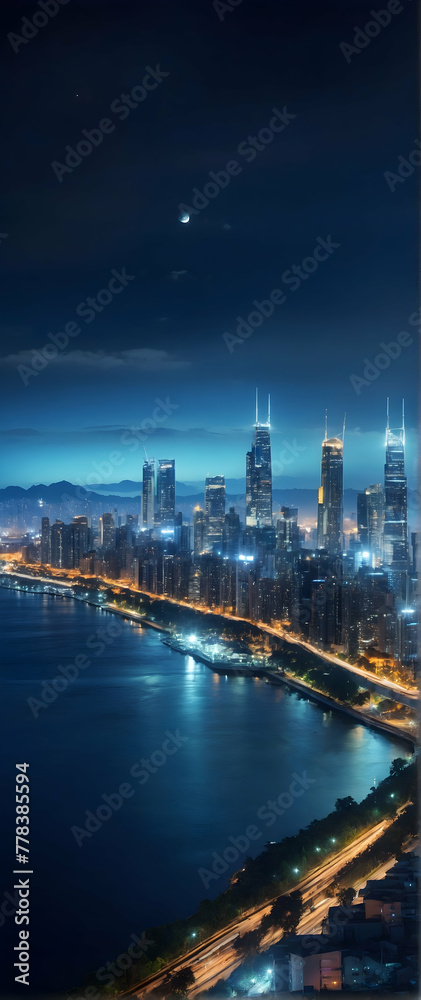 Photo real as City Lights The urban skyline shimmering at night a testament to human ingenuity. in nature and landscapes theme ,for advertisement and banner ,Full depth of field, high quality ,include