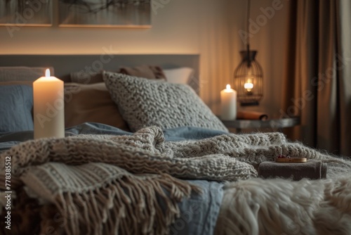 Tranquil hotel room with soft blankets, fluffy pillows, and gentle lighting