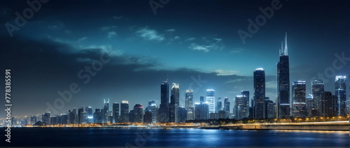 Photo real as City Lights The urban skyline shimmering at night a testament to human ingenuity. in nature and landscapes theme ,for advertisement and banner ,Full depth of field, high quality ,include