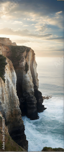 Photo real as Cliffside Serenade Rugged coastal cliffs carved by the sea standing against time. in nature and landscapes theme ,for advertisement and banner ,Full depth of field, high quality ,include