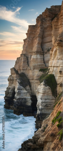 Photo real as Cliffside Serenade Rugged coastal cliffs carved by the sea standing against time. in nature and landscapes theme ,for advertisement and banner ,Full depth of field, high quality ,include