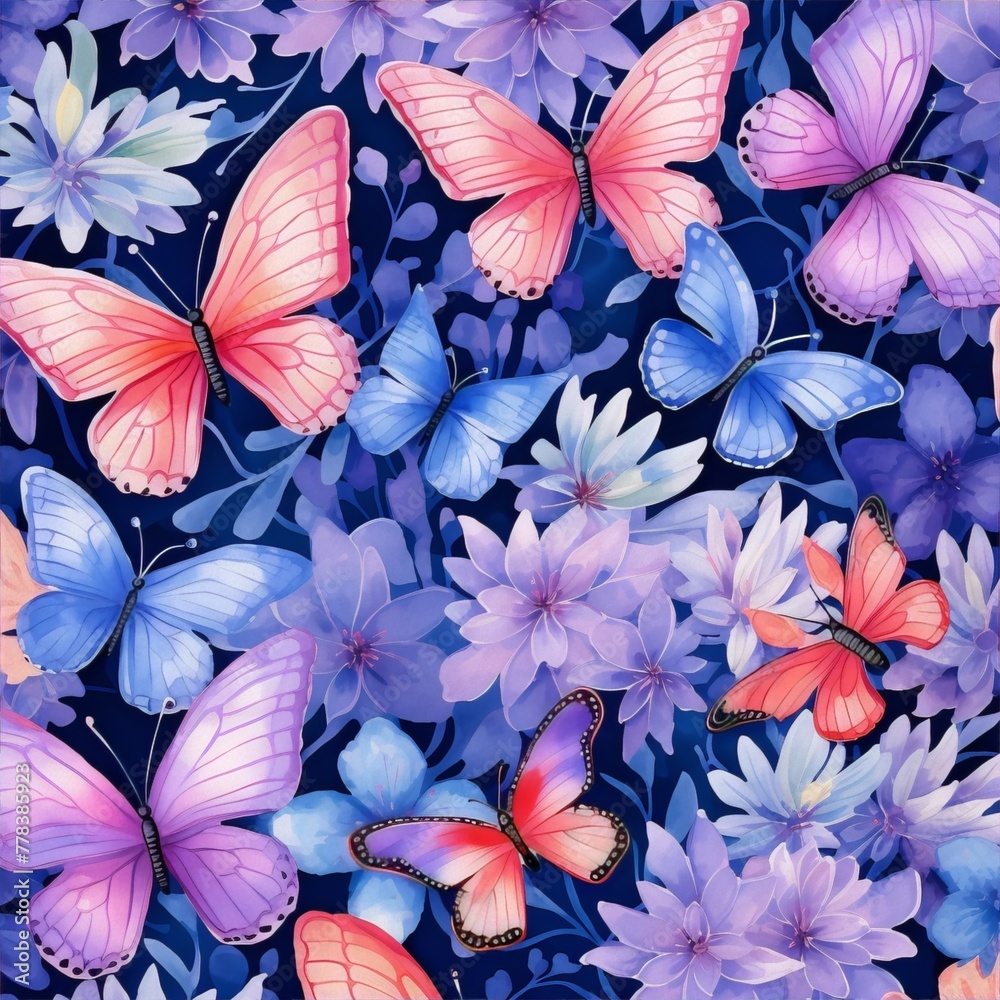 Butterflies and flowers in watercolor painting style with a dark blue background