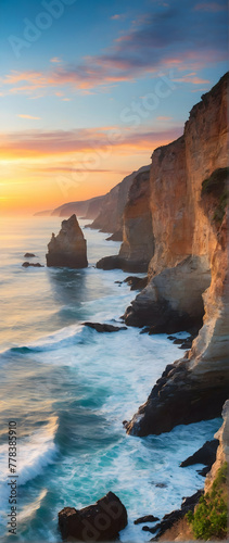 Photo real as Coastal Sunrise Dawn breaks over coastal cliffs painting the sky with morning hues. in nature and landscapes theme ,for advertisement and banner ,Full depth of field, high quality ,inclu