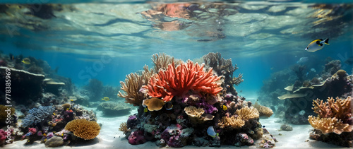 Photo real as Coral Kingdoms Dive into the underwater coral realms a symphony of marine life. in nature and landscapes theme ,for advertisement and banner ,Full depth of field, high quality ,include c