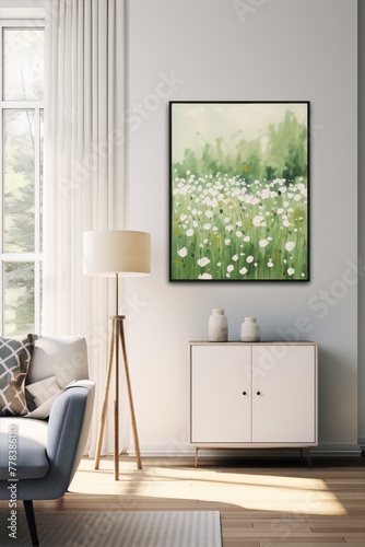 White flowers field painting in a scandinavian living room with white walls and wooden floor. #778386110