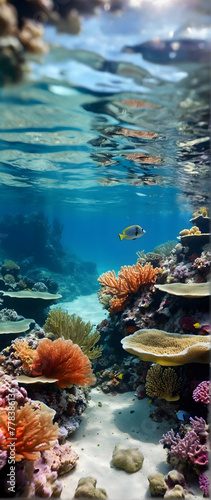 Photo real as Coral Wonders Dive into the underwater world of coral reefs teeming with life. in nature and landscapes theme ,for advertisement and banner ,Full depth of field, high quality ,include co photo