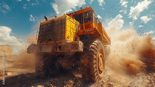 truck dump sandpit during earth moving works on desert with flying dust photo