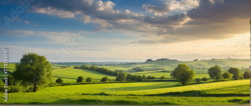 Photo real as Countryside Charm The rural countryside unfolds in a tapestry of pastoral tranquility. in nature and landscapes theme ,for advertisement and banner ,Full depth of field, high quality ,in