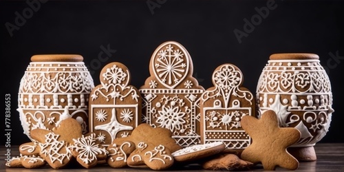 Gingerbread cookies in the shape of houses and jars, decorated with white icing in a traditional folk style, arranged on a dark background. © kalamjamila