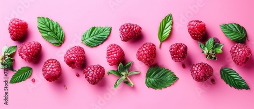  Group of raspberries on pink background surrounded by leaves and berries at base