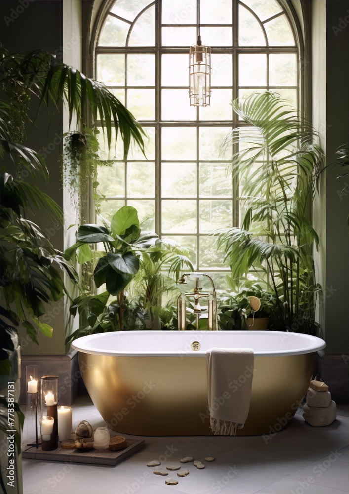 Luxury bathroom interior with freestanding gold bathtub, tropical plants, and large arched window