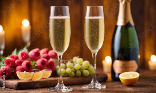Glasses of champagne and fresh fruits on wooden background, closeup