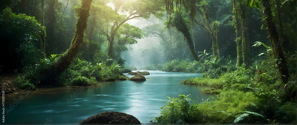Photo real as Jungle Journey An expedition through the dense jungle teeming with life and mystery. in nature and landscapes theme ,for advertisement and banner ,Full depth of field, high quality ,incl
