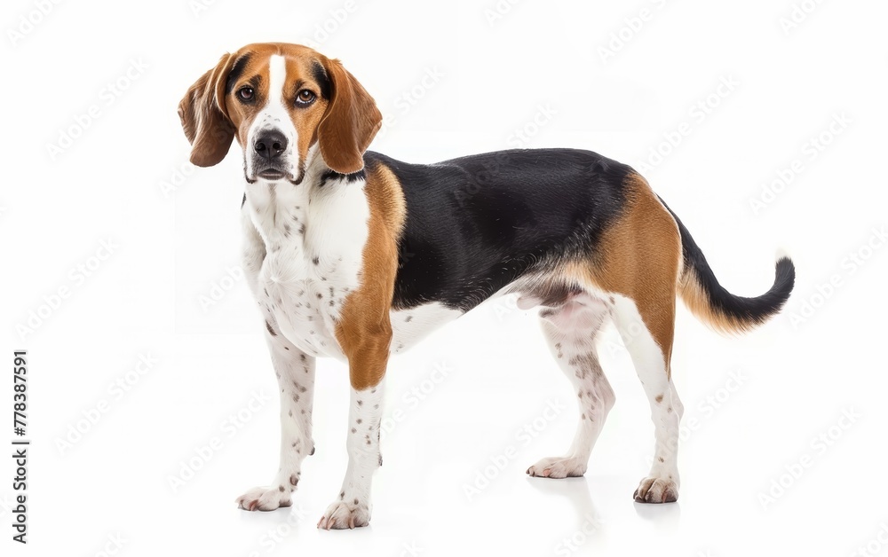 A Beagliere dog stands attentively, its poised stance and alert expression highlighted against the simplicity of a white background.
