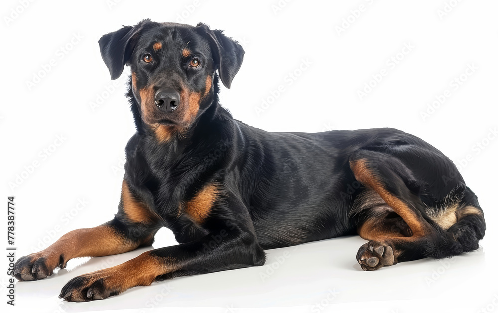 A relaxed Beauceron dog lies down, displaying its calm demeanor and fluffy tail against a seamless white background, illustrating the breed's gentle side. A relaxed Beauceron dog lies down, displaying its calm demeanor and fluffy tail against a seamless white background, illustrating the breed's gentle side.