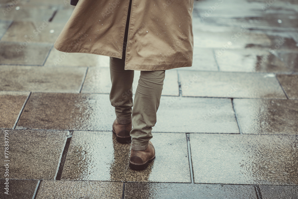 A man wearing a brown coat and brown shoes walks on a wet sidewalk