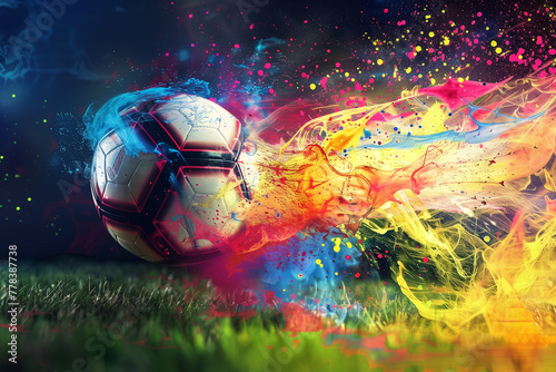 Dynamic soccer ball bursting with colorful energy. Generative AI