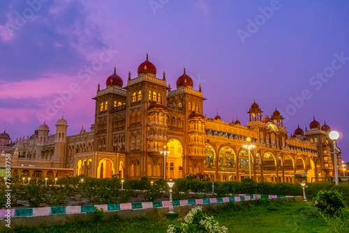 Spectacular Light illumination of Royal Mysore Palace is illuminated with 97000 electric bulbs on Sundays, national holidays & during ten days of Dasara Celebrations. Mysore, Karnataka, India.	