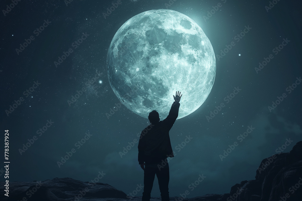 A man is reaching out to the moon in the night sky