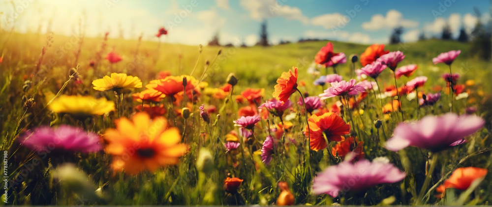 Photo real as Meadow Symphony A symphony of colors and sounds in a vibrant spring meadow. in nature and landscapes theme ,for advertisement and banner ,Full depth of field, high quality ,include copy 