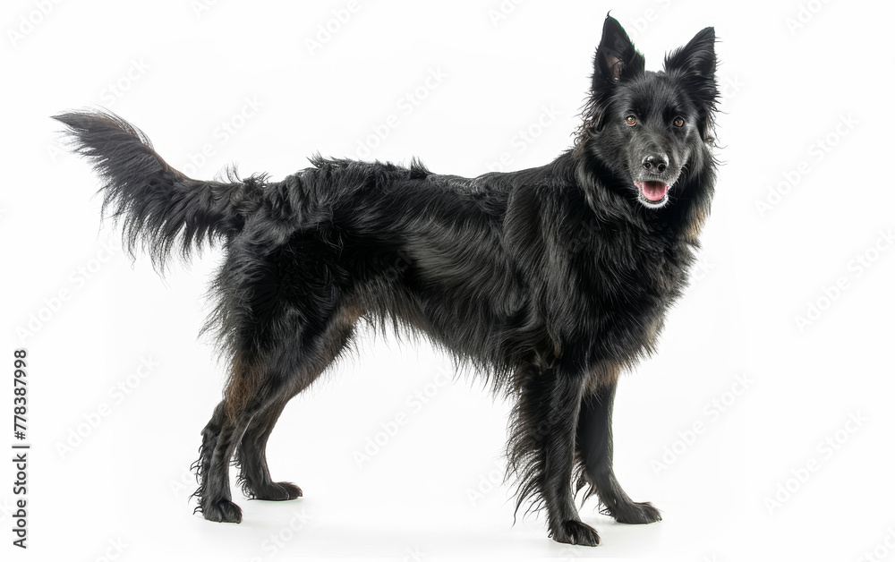 Profile view of a Groenendael dog showcasing its long black fur, pointed ears, and focused gaze, against a clean white backdrop. Profile view of a Groenendael dog showcasing its long black fur, pointed ears, and focused gaze, against a clean white backdrop.