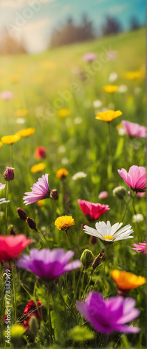 Photo real as Meadow Symphony A symphony of colors and sounds in a vibrant spring meadow. in nature and landscapes theme  for advertisement and banner  Full depth of field  high quality  include copy 