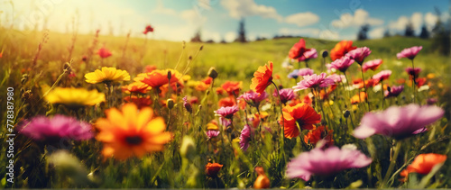 Photo real as Meadow Symphony A symphony of colors and sounds in a vibrant spring meadow. in nature and landscapes theme ,for advertisement and banner ,Full depth of field, high quality ,include copy  © Gohgah