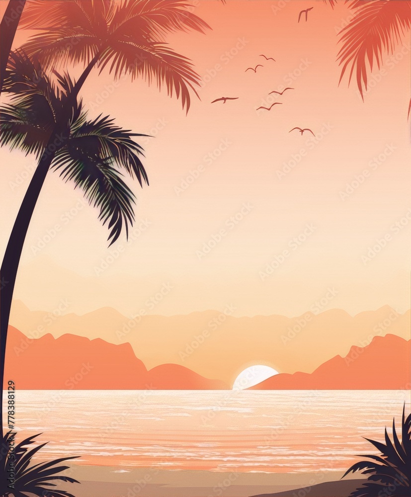Minimalist landscape with palm trees, mountains and sea in warm colors, flat vector illustration