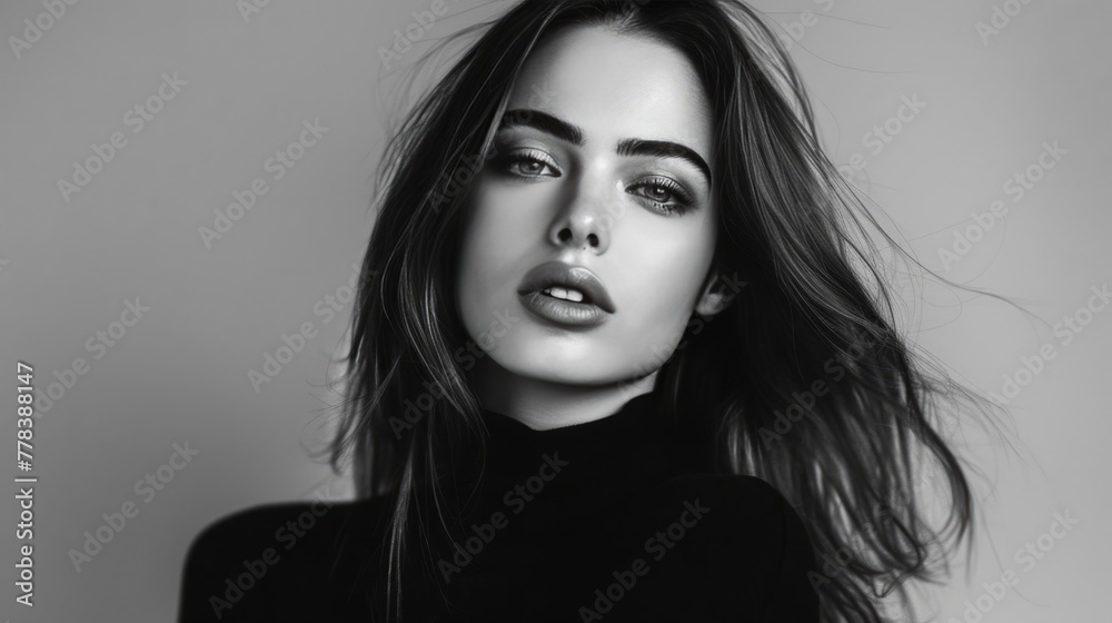 Moody Black and White Aesthetic Grainy Portrait of Sensual Fashionable Young Woman. Retro Vibe Female Model Trendy Photo. Moody Black and White Aesthetic Grainy Portrait of Sensual Fashionable Young Woman. Retro Vibe Female Model Trendy Photo.