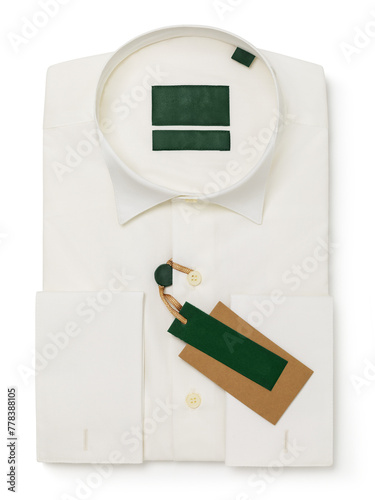 Folded dress shirt with stand collar, ivory color with long sleeves and cuffs for cufflinks, isolated on white background, top view, template for designer