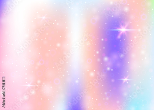 Fairy background with rainbow mesh.  Trendy universe banner in princess colors. Fantasy gradient backdrop with hologram. Holographic fairy background with magic sparkles, stars and blurs.