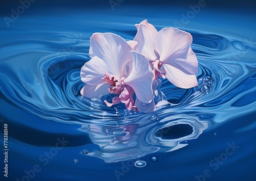 Two white and pink orchids float on the surface of a blue-swirling water, hyper-realistic painting, art, canvas, interior, home decor, realism.