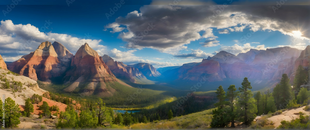 Photo real as Park Panoramas Explore the diverse landscapes of national parks from peaks to valleys. in nature and landscapes theme ,for advertisement and banner ,Full depth of field, high quality ,in