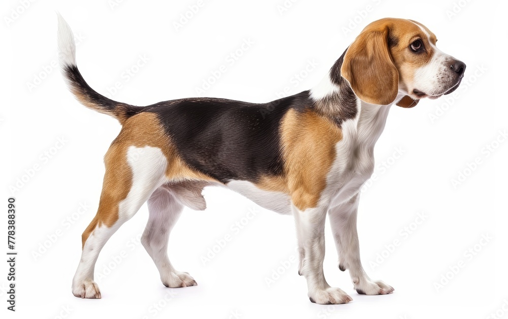 This image captures a Beagle in profile with a curious gaze, highlighting its sharp features and friendly demeanor.