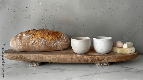  A loaf of bread sits atop a wooden cutting board beside two cups