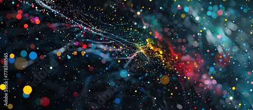 3d rendering of colorful particles in space with depth of field and bokeh photo