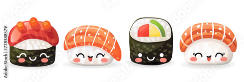 Set of cute sushi, Various kawaii sushi Japanese food cartoon on white background.